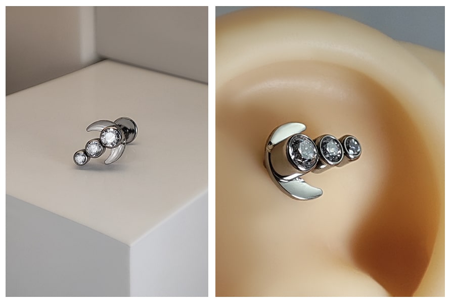 kolczyk do ucha labret księżyc z trzema kryształkami