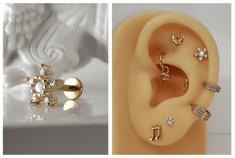 Złoty labret z gwintem wewnętrznym w kształcie kwiatka z przezroczystymi kryształkami, pokazany na jasnym tle oraz w stylizacji na uchu z inną złotą biżuterią