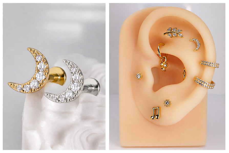 Delikatny kolczyk do ucha w kształcie półksiężyca z przezroczystymi kryształkami, pokazany w złotej i srebrnej wersji kolorystycznej oraz w stylizacji na uchu