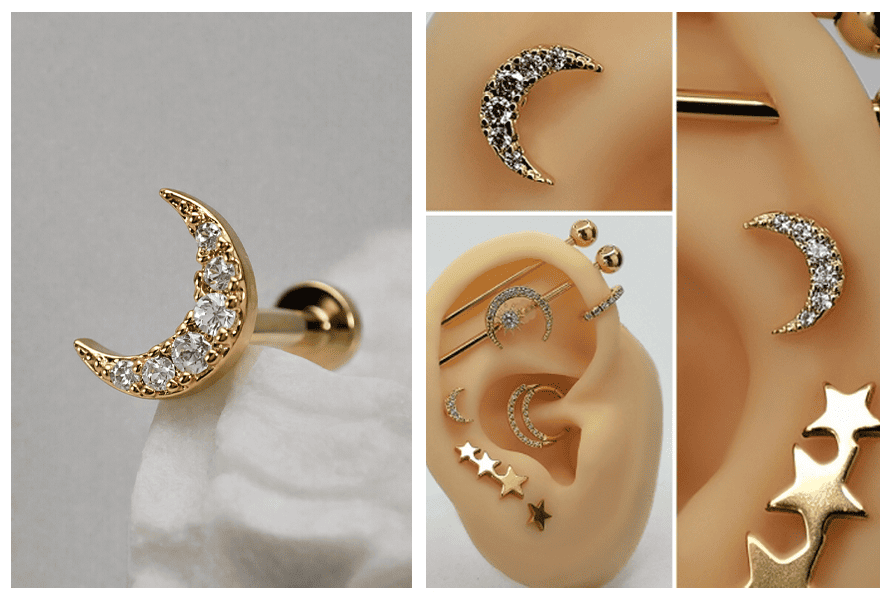 Ozdobny kolczyk do ucha w formie półksiężyca z przezroczystymi kryształkami, pokazany w dużym zbliżeniu oraz w kompozycji z inną biżuterią w złotym i srebrnym kolorze