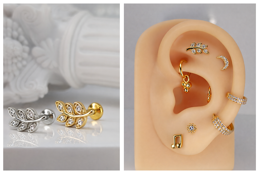 Delikatny labret (stal 316L) w kształcie listka z przezroczystymi kryształkami, pokazany w złotej i srebrnej wersji kolorystycznej oraz w stylizacji na uchu ze złotą biżuterią