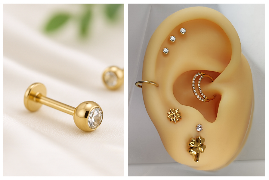 Labret z kryształem na elastycznym, przezroczystym pręcie – komplet kolorów oraz przykładowa stylizacja na uchu silikonowym uchu