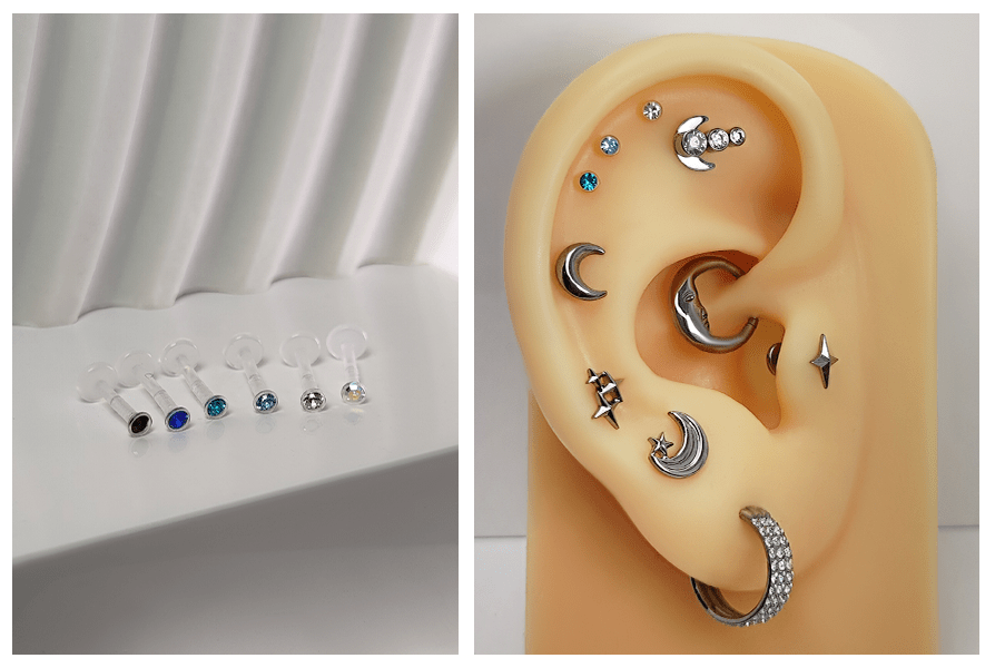 Labret z kryształem na elastycznym, przezroczystym pręcie – komplet kolorów oraz przykładowa stylizacja na uchu silikonowym uchu