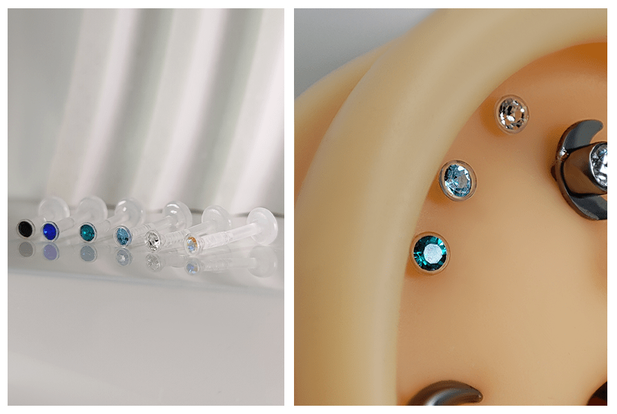Zestaw labretów z kryształami na elastycznym pręcie oraz zbliżenie trzech błyszczących kolczyków w uchu – labret kryształ do piercingu chrząstki