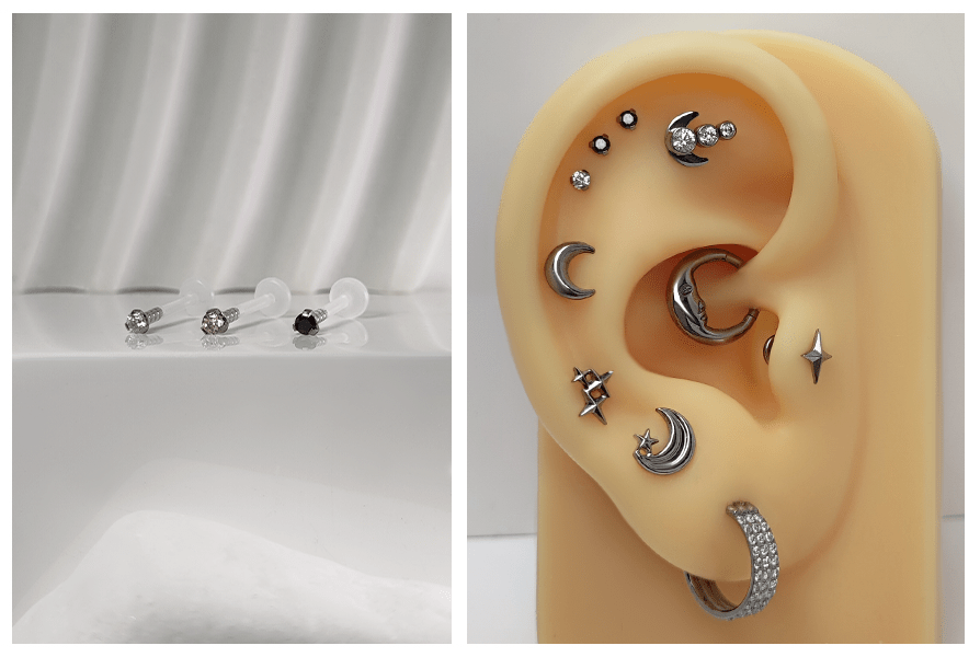 Labret z kryształem w łapkach na elastycznym, przezroczystym pręcie – trzy kolory kryształka oraz stylizacja w uchu