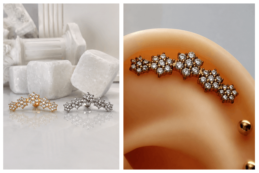 Delikatny labret cluster z cyrkoniami w formie kwiatków w kolorze złotym i srebrnym oraz efektowny piercing ucha w kobiecej stylizacji