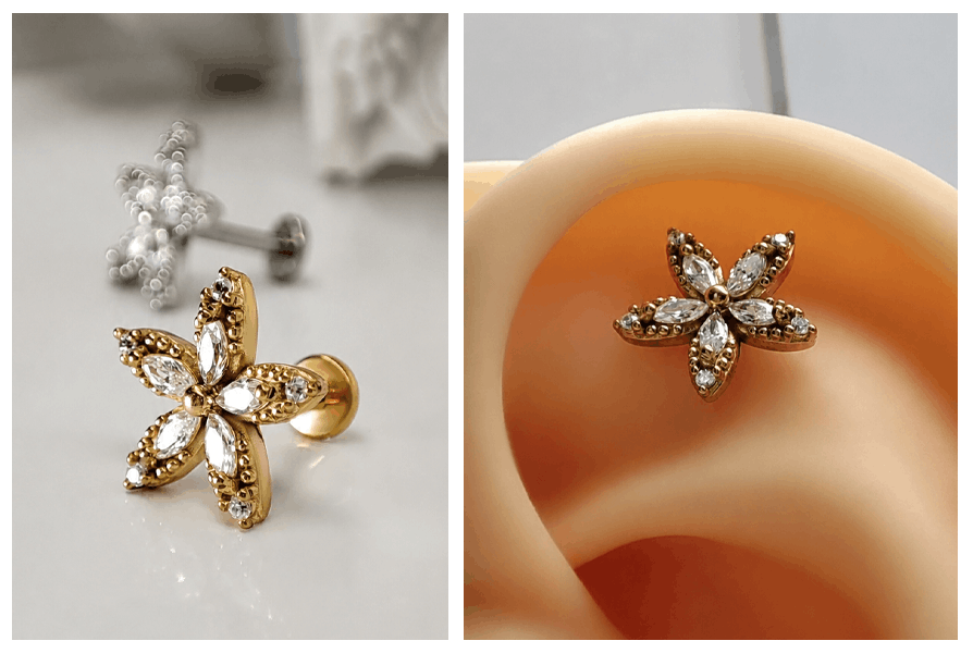 Labret kwiatek z cyrkoniami w kolorze złotym pokazany na zbliżeniu oraz kolczyk założony w uchu modelki w stylu flower piercing