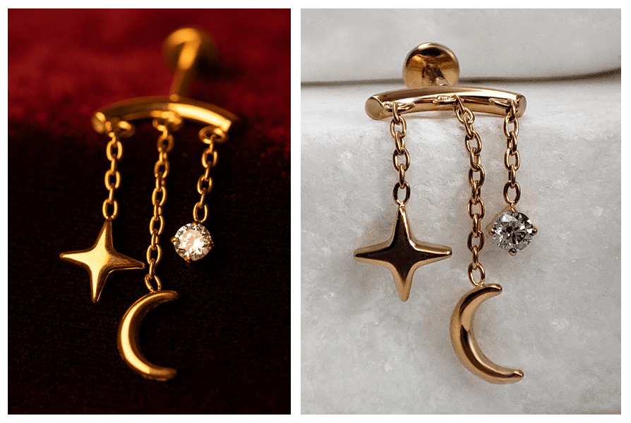 Kolczyk na czerwonym welurze i na jasnym kamieniu: trzy zwisające elementy (gwiazdka, księżyc i pojedynczy kryształek) na łańcuszkach przy gładkiej belce, do vertical helix (labret)