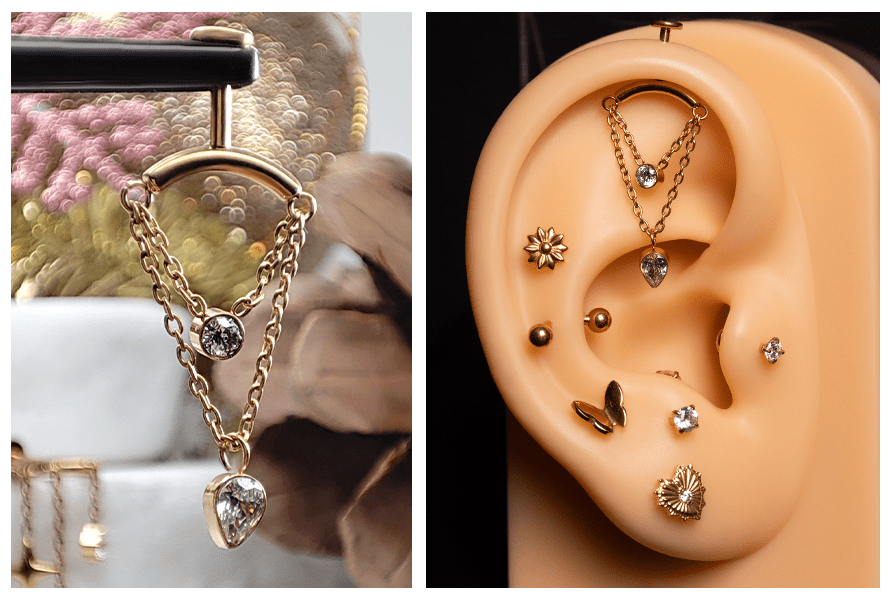 Złoty kolczyk do ucha z podwójnym łańcuszkiem, okrągłym kryształkiem i zawieszką łezką – pokazany na stojaku oraz założony w górnej części ucha (vertical helix)