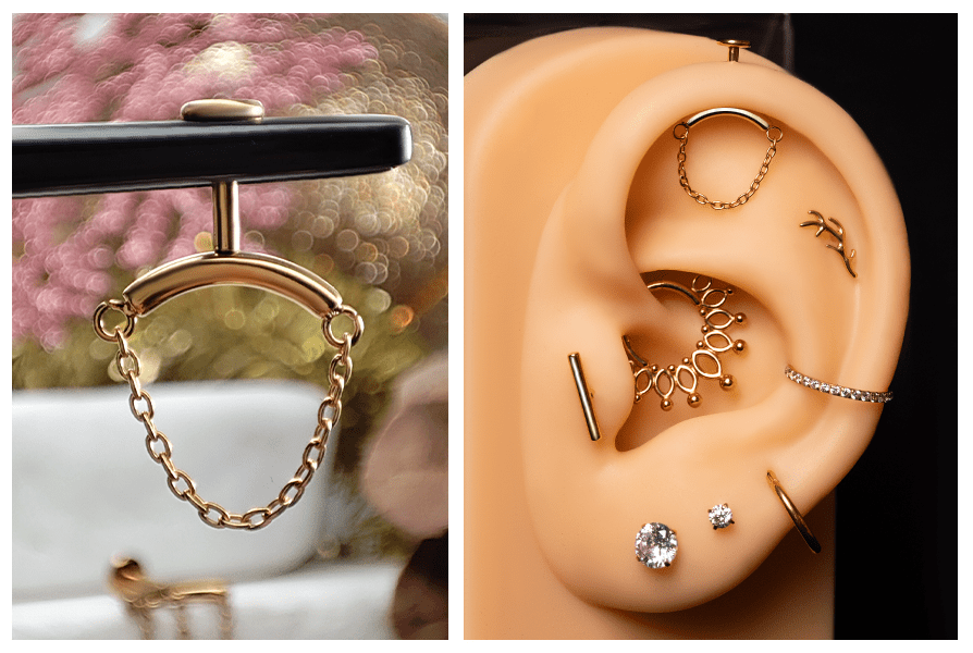 Złoty kolczyk do ucha z prostym łańcuszkiem – ujęcie na stojaku oraz założony w górnej części ucha jako labret do vertical helix