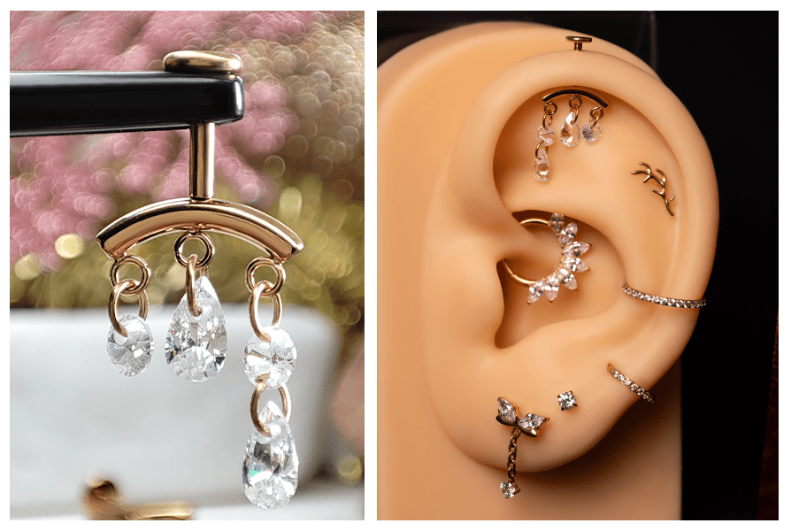 Złoty kolczyk z czterema wiszącymi kryształkami (dwie łezki i dwa okrągłe) – ujęcie na stojaku oraz założona w górnej części silikonowego modelu ucha jako labret do vertical helix