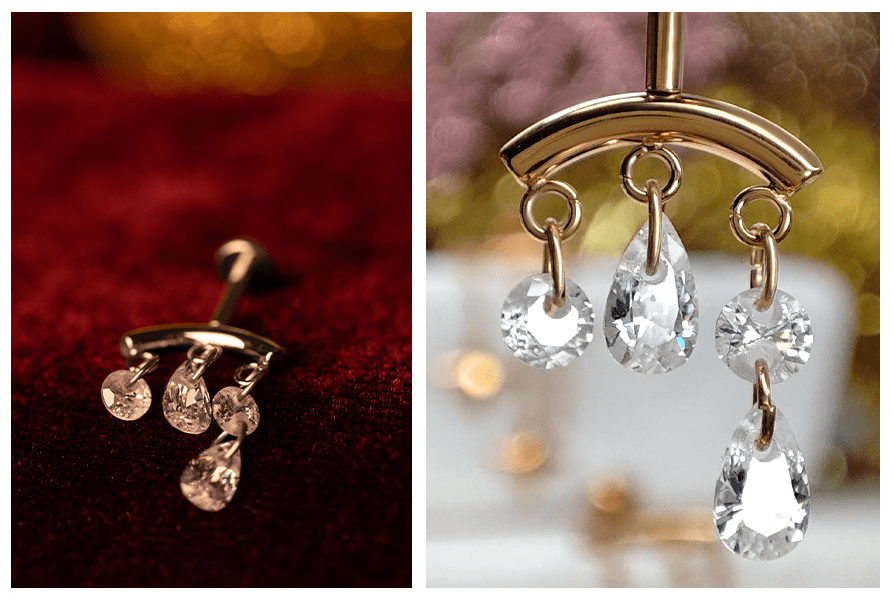 Kolczyk z czterema wiszącymi kryształkami sfotografowany na czerwonym welurze oraz makro detalu łukowej ozdoby i kryształków na stojaku (labret do vertical helix)