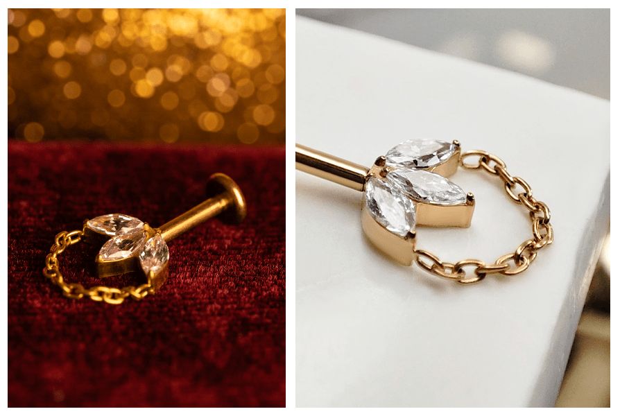 Kolczyk w kolorze złota z trzema kamieniami markiza i łańcuszkiem sfotografowany na czerwonym tle oraz makro detalu na białej podstawce (oprawa i łańcuszek)