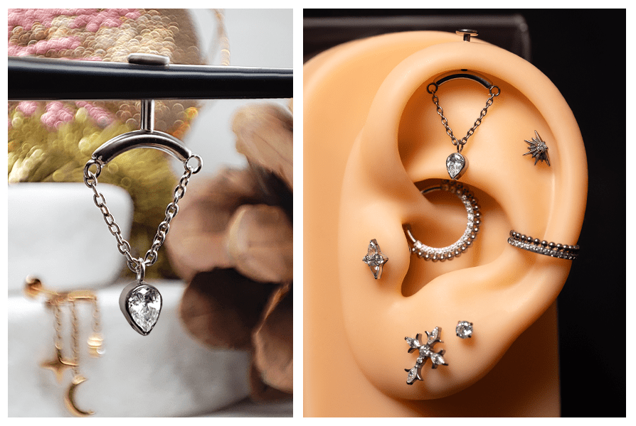 Labret do vertical helix z odwróconą łezką – kolczyk na ekspozytorze z łańcuszkiem i zawieszką łezką oraz ujęcie na modelu ucha w górnej części helixa