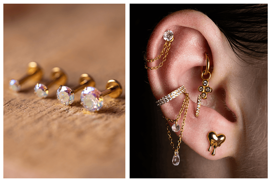 Labret z kryształkiem w pazurkach – złote sztuki z opalizującym kamieniem na drewnie + stylizacja ucha z łańcuszkami