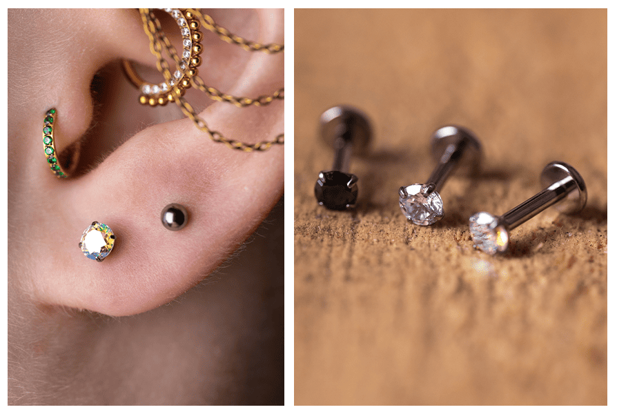 Labret z kryształkiem w pazurkach – założony w uchu (opalizujący kamień) + obok ujęcie trzech labretów w różnych kolorach