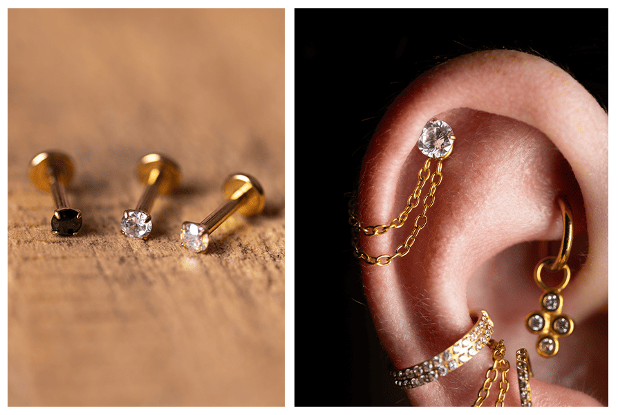 Labret z kryształkiem w pazurkach – makro złotych labretów z kamieniami (czarny i przezroczyste) + zbliżenie stylizacji uch