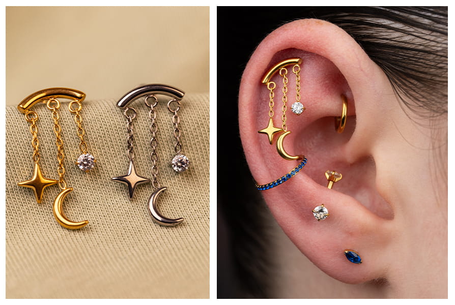 Labret z wiszącą gwiazdką i księżycem w kolorze złotym i srebrnym, pokazany na jasnym tle oraz w stylizacji w uchu
