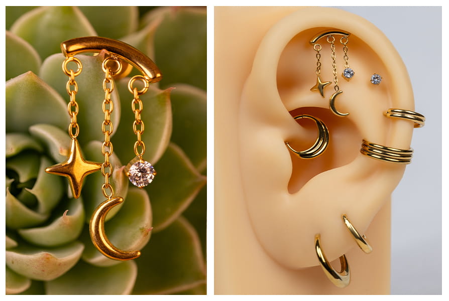 Złoty labret z wiszącą gwiazdką, księżycem i cyrkonią pokazany na tle rośliny oraz w stylizacji na modelu ucha