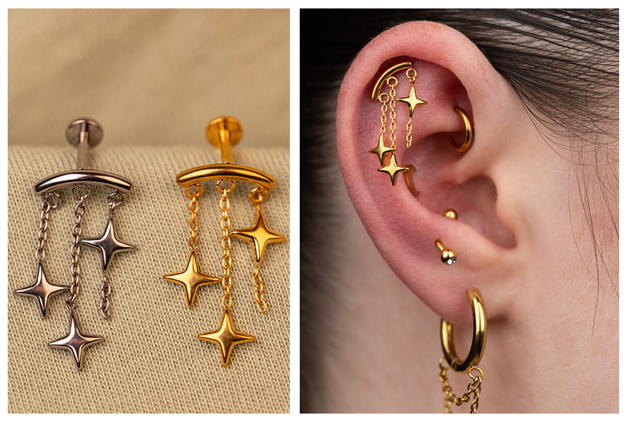 Labret z potrójną zawieszką gwiazdek w kolorze złotym i srebrnym, pokazany na jasnym tle oraz w stylizacji w uchu