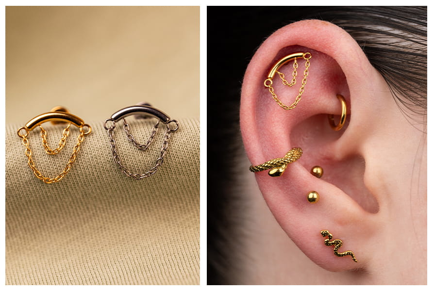 Labret z podwójnym łańcuszkiem w złotym i srebrnym kolorze, pokazany na jasnym tle oraz w delikatnej stylizacji ucha