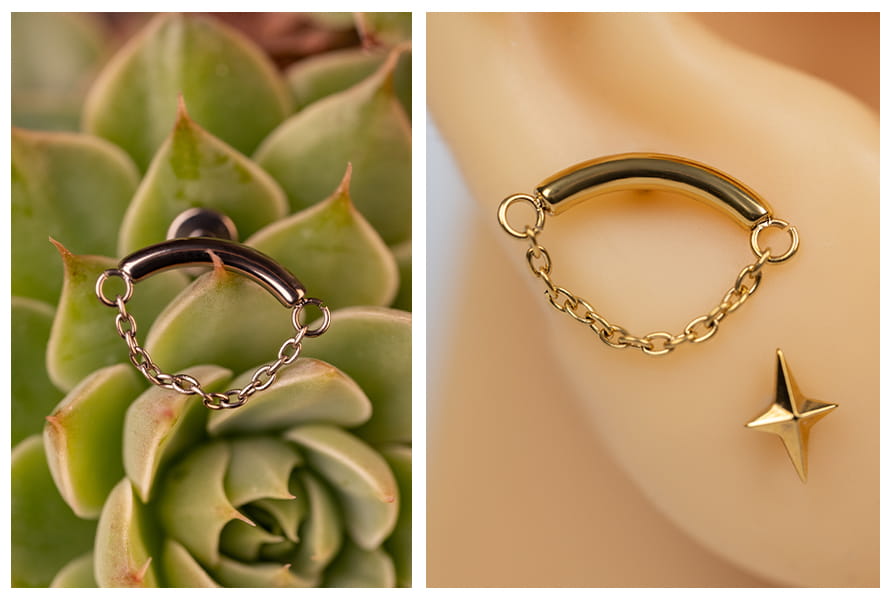 Labret z prostym łańcuszkiem w dwóch wariantach kolorystycznych, sfotografowany na tle sukulenta oraz na silikonowym modelu ucha