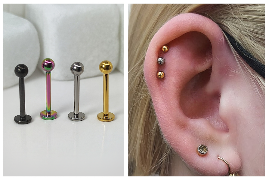 Tytanowy labret z kulką w płatku ucha – mała srebrna kulka; obok packshot dwóch labretów z płaską bazą