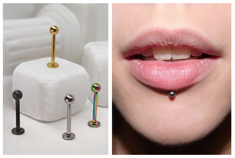 Tytanowy labret z kulką w uchu – kilka srebrnych kulek w helixie i w płatku, pokazane na dwóch różnych stylizacjach ucha