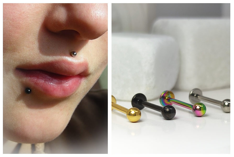 Tytanowy labret z kulką – przykład użycia w dolnej wardze oraz dwa labrety z kulką w płatku ucha