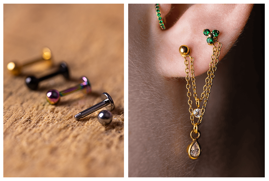 Makro na odkręcaną kulkę i gwint tytanowego labretu z kulką oraz stylizacja ucha z łańcuszkami, gdzie labret służy jako baza