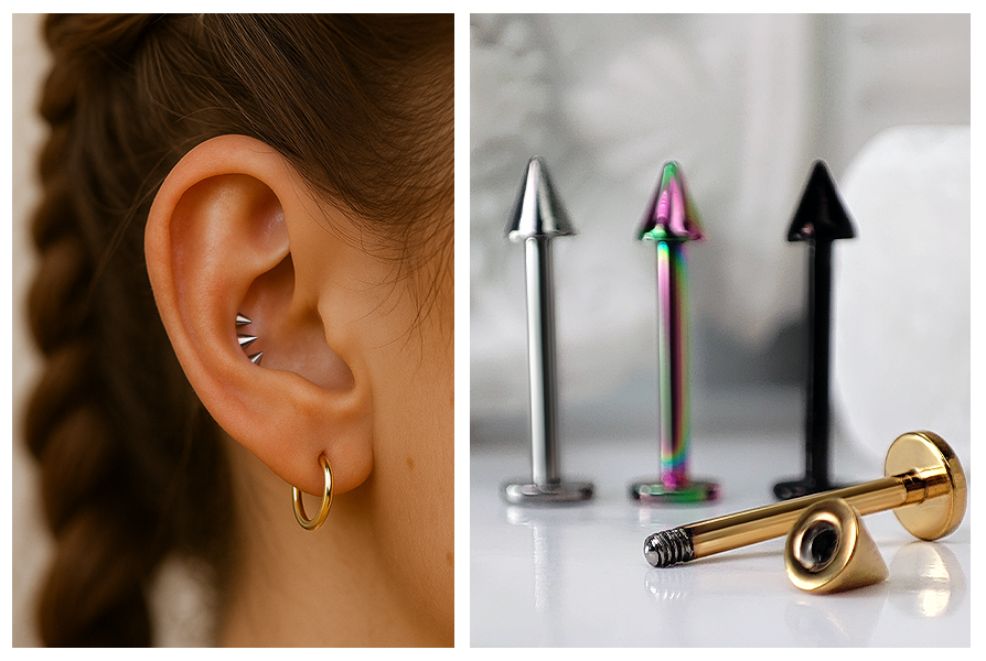Srebrne stożki założone w uchu; obok tytanowy labret ze stożkiem w wersji srebrnej, tęczowej, czarnej i złotej (zbliżenie gwintu)