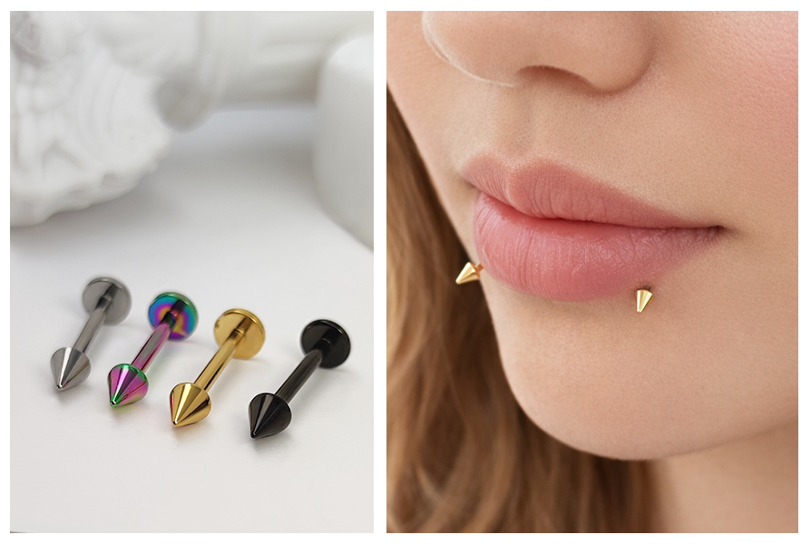 Tytanowy labret ze stożkiem na białym tle w 4 kolorach; dwa złote stożki w piercingu wargi (snake bites)
