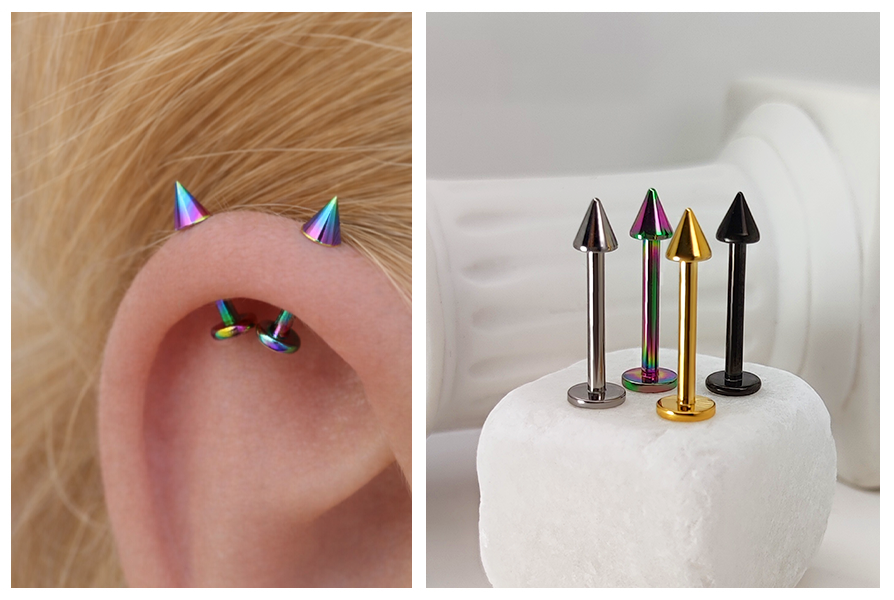 Tęczowy tytanowy labret ze stożkiem założony w uchu; obok labrety w kolorze srebrnym, tęczowym, złotym i czarnym na białym tle
