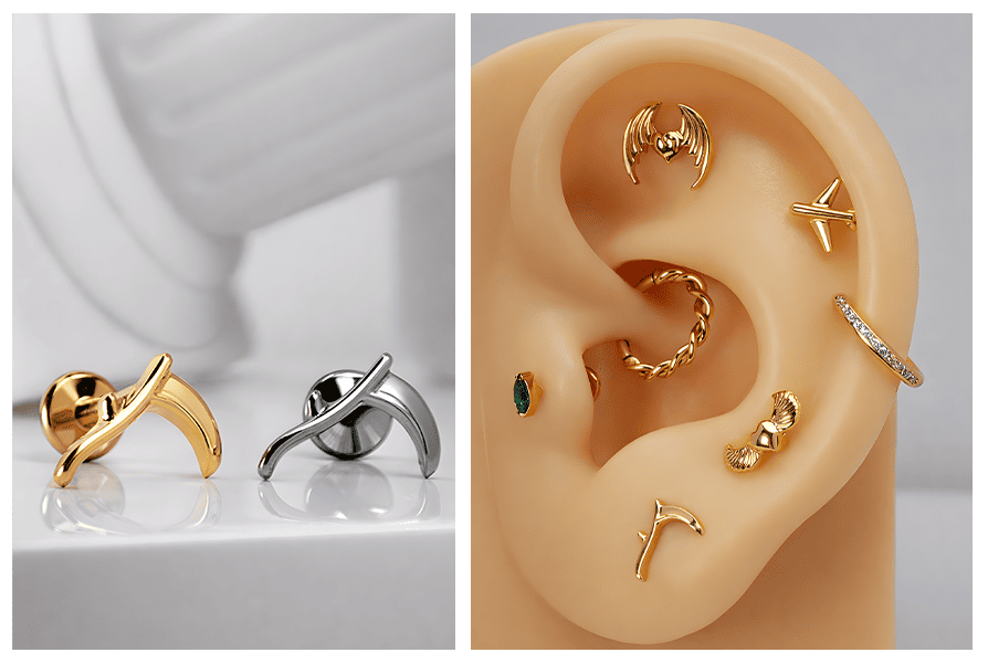 Kolczyk labret kosa – złota i srebrna wersja + zdjęcie w kompozycji na silikonowym uchu