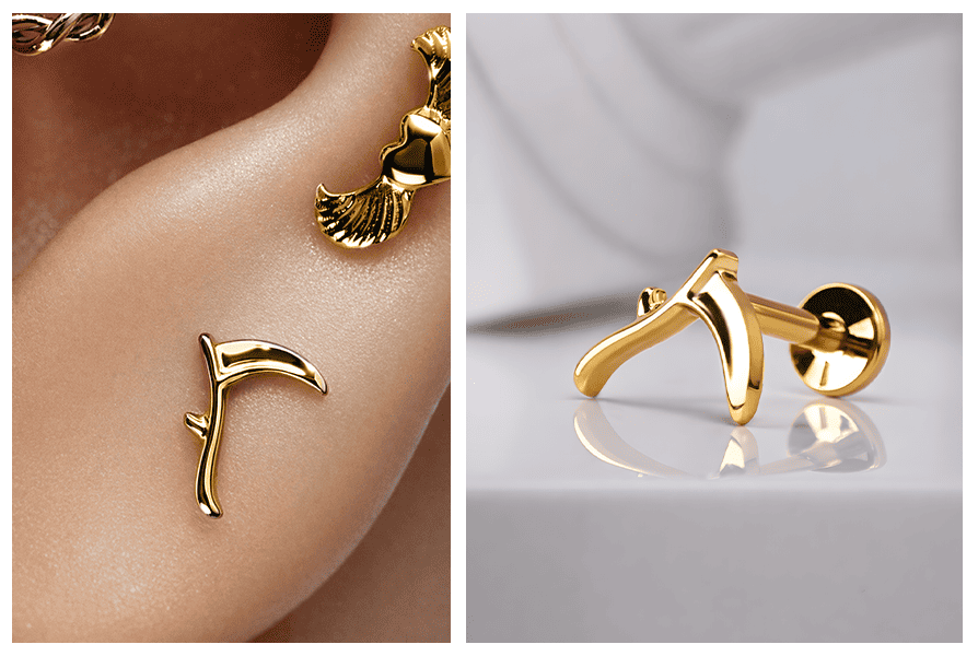 Złoty kolczyk labret kosa w płatku ucha – zbliżenie w uchu i zdjęcie produktu