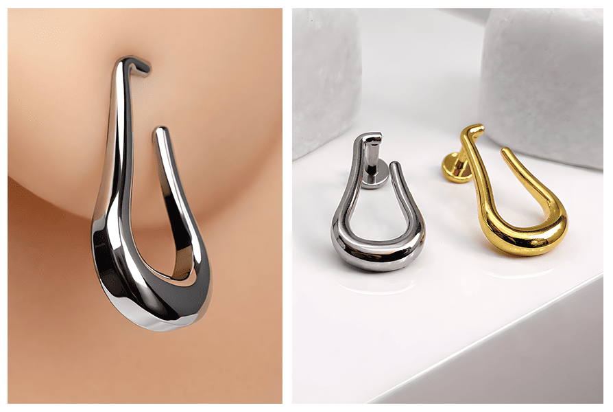 Zbliżenie na labret z otwartą łezką w uchu (srebrny) oraz packshot dwóch wersji: srebrnej i złotej, z widoczną płaską bazą labretu