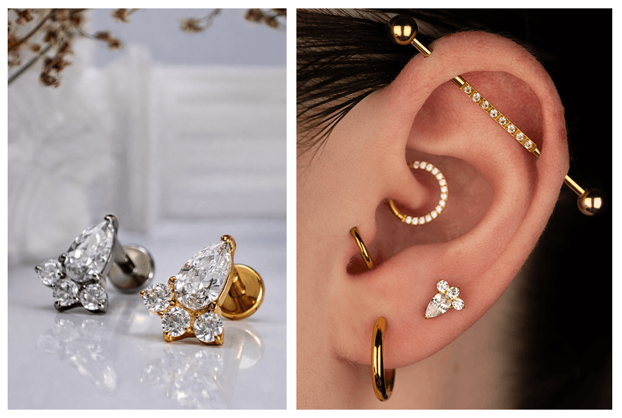 Zestawienie złotego i srebrnego labretu z cyrkoniami obok ucha z licznymi kolczykami typu industrial i clicker