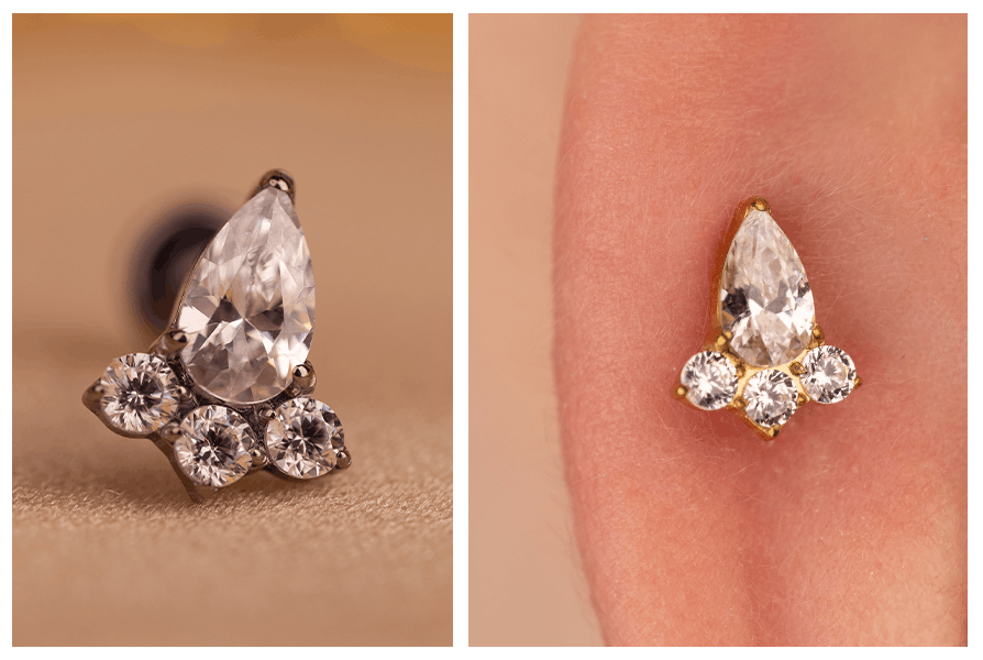 Zbliżenie na detale i szlif cyrkonii w kształcie łezki w złotym oraz srebrnym kolczyku