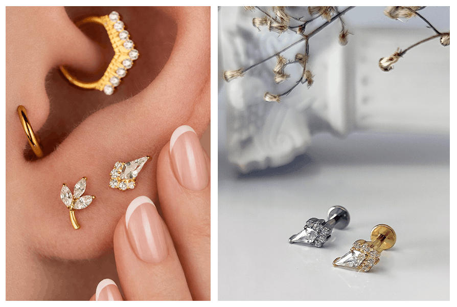 Elegancki złoty labret z błyszczącymi cyrkoniami prezentowany na płatku ucha oraz zdjęcie produktowe na białym tle