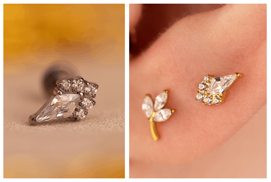 Bliskie ujęcie na detale szlifu dużej geometrycznej cyrkonii w srebrnym i złotym kolczyku