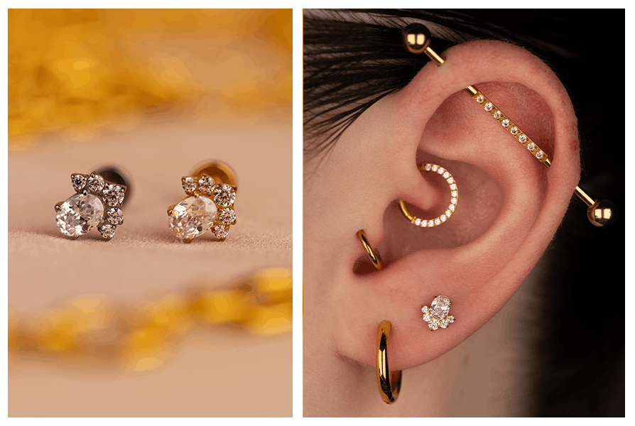 Dwa labrety z owalnymi cyrkoniami w kolorze złotym i srebrnym oraz inspiracja kompozycji na uchu