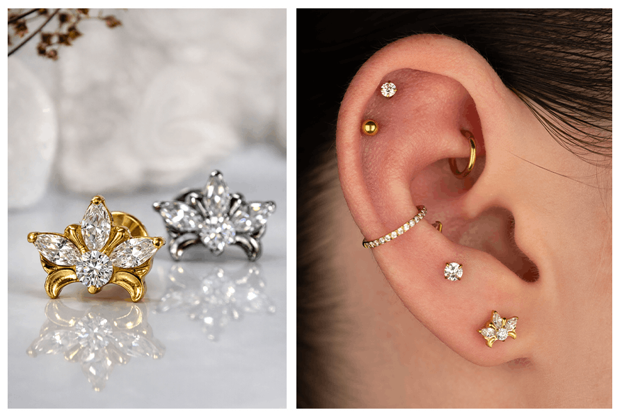 Dwa lśniące kwiaty lotosu w kolorze złotym i srebrnym zestawione z inspirującą kompozycją wielu kolczyków na uchu