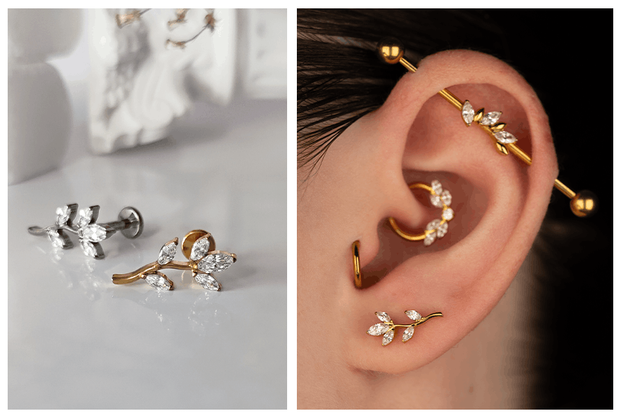 Złota i srebrna gałązka z cyrkonii zestawiona z uchem ozdobionym wieloma kolczykami w stylu curated ear