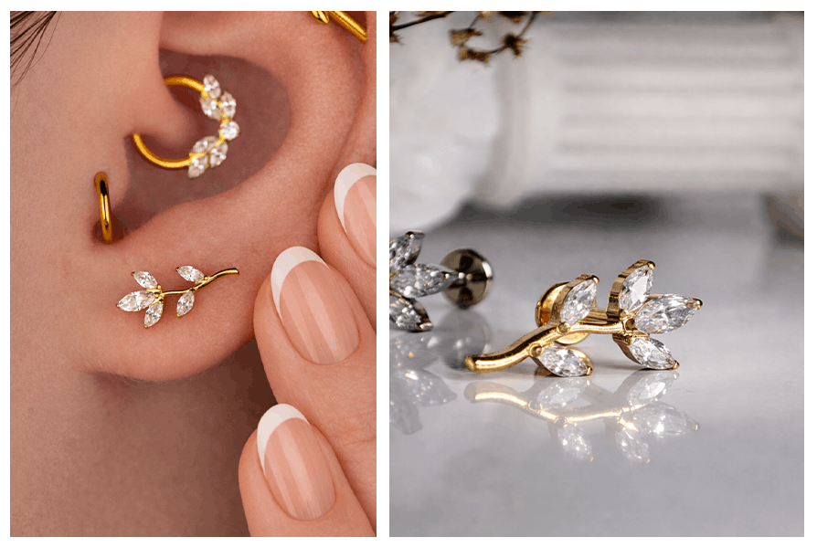 Kolczyk lśniąca złota gałązka z cyrkonii subtelnie wkomponowana w ucho modelki, pięknie odbijająca światło
