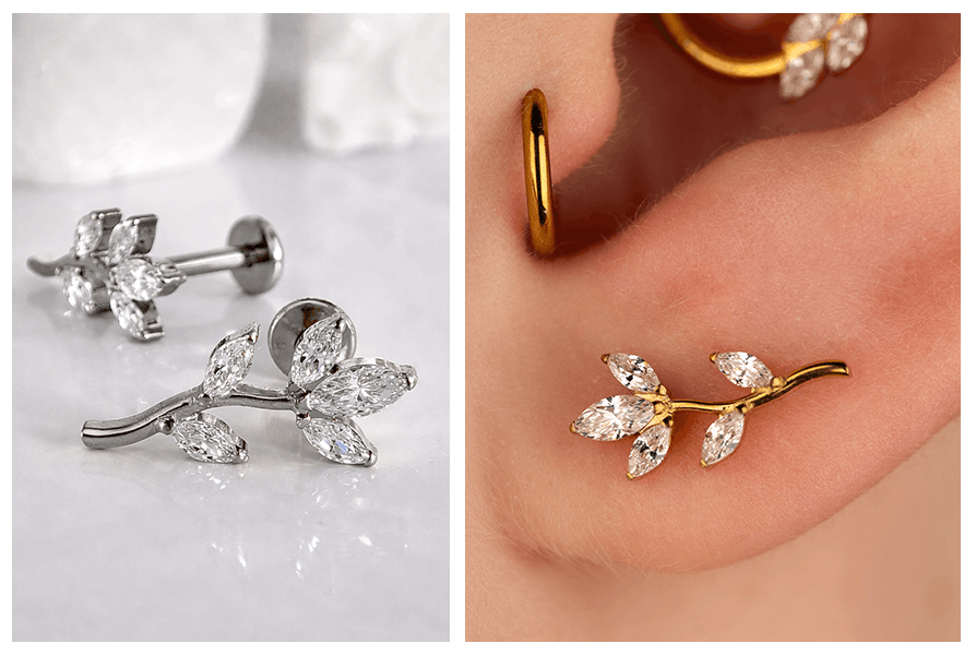 Detale szlifu czterech cyrkonii w kształcie listków tworzących kompozycję gałązki w srebrnej i złotej wersji