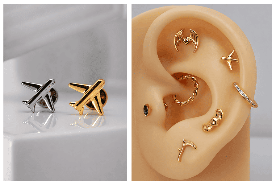 Para labretów z końcówką samolot (srebrny i złoty) na jasnym tle; obok ucho-model ze złotą biżuterią, w tym samolotem