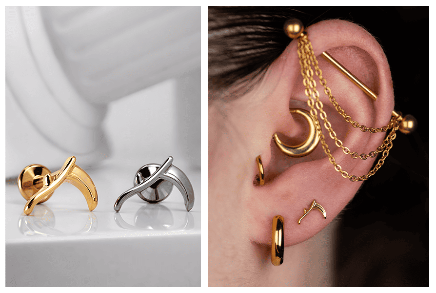 Zestawienie złotej i srebrnej końcówki w kształcie kosy oraz stylizacji ucha ze złotą biżuterią, gdzie widać labret kosa w płatku