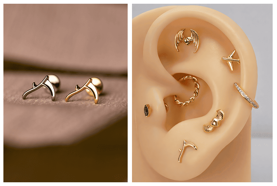 Dwa warianty kolorystyczne labretu kosa (srebrny i złoty) na tle materiału oraz przykładowa stylizacja na silikonowym modelu ucha