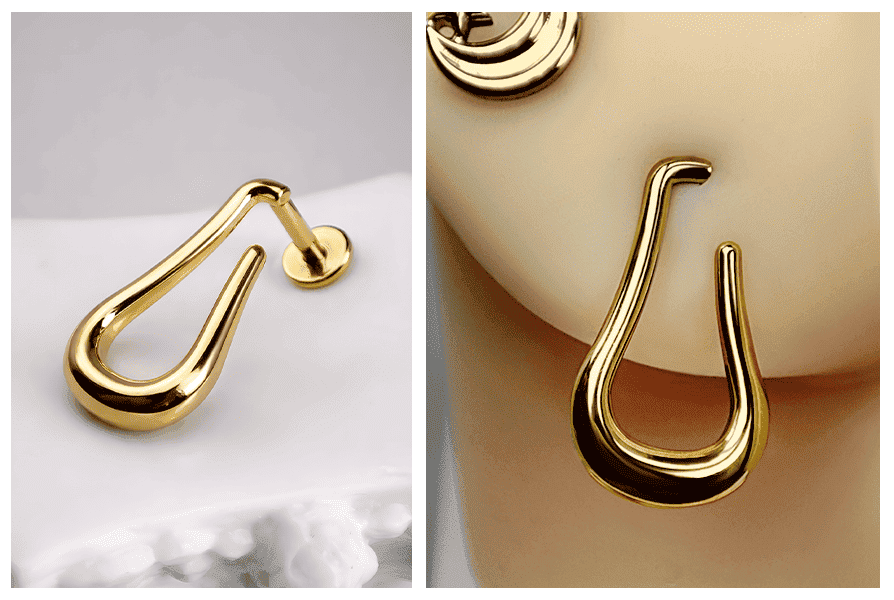 Makro złotego labretu z otwartą łezką na jasnym tle oraz przykład, jak ta otwarta łezka wygląda na silikonowym uchu