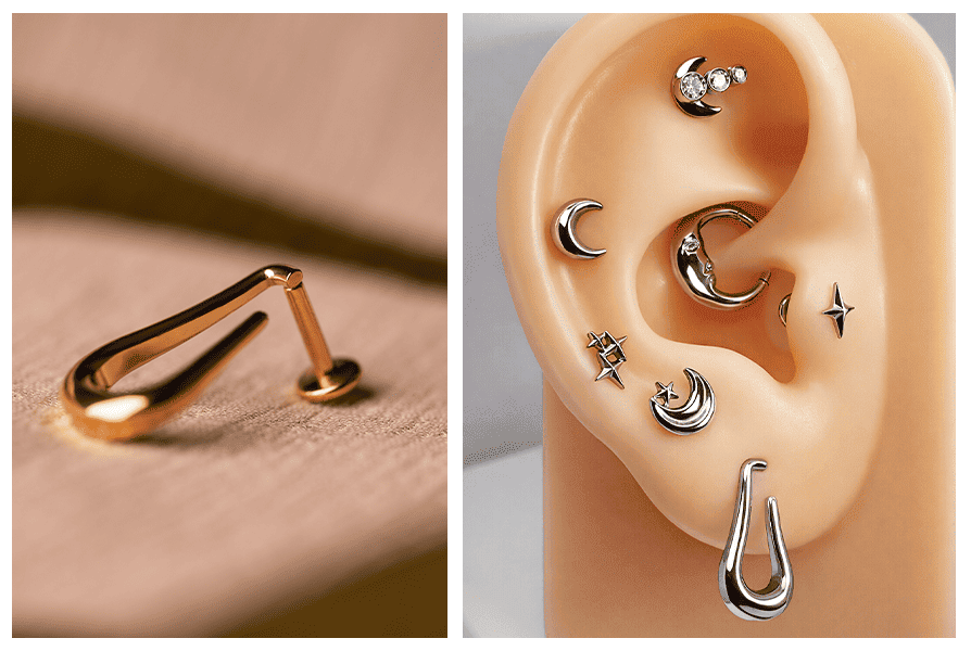 Złoty labret z otwartą łezką w ujęciu makro na tkaninie oraz przykładowa kompozycja na silikonowym uchu z wersją srebrną